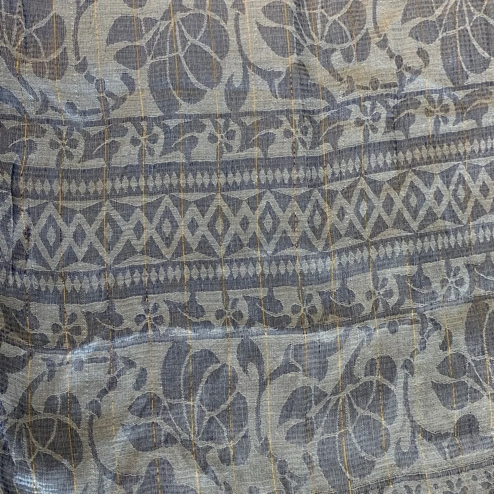 Blue Patterned silk Scarf with Fringe
